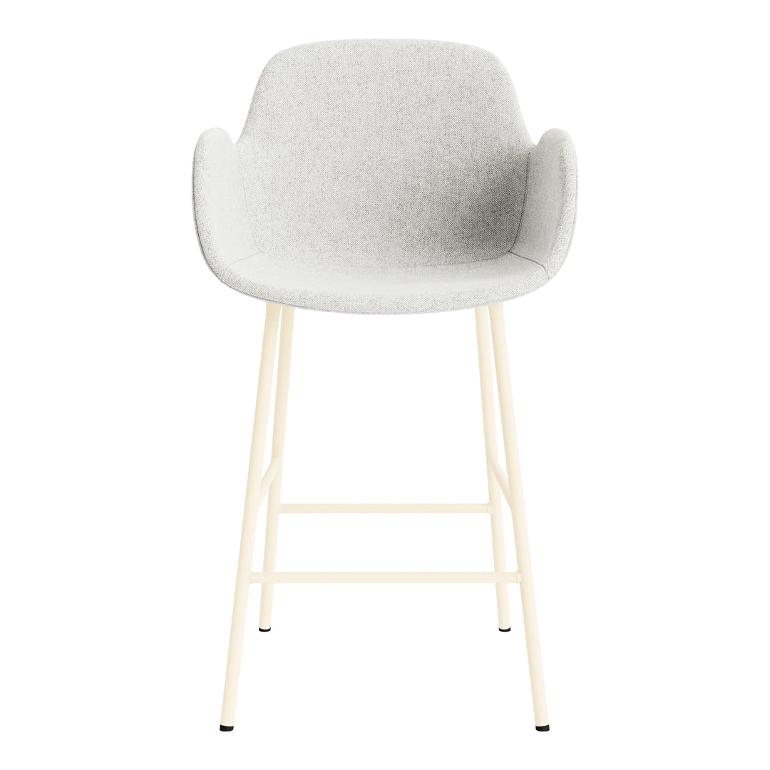 Gray upholstered bar stool with cream-colored metal legs, minimalist design, perfect for modern decor.