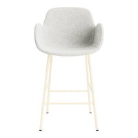 Gray upholstered bar stool with cream-colored metal legs, minimalist design, perfect for modern decor.