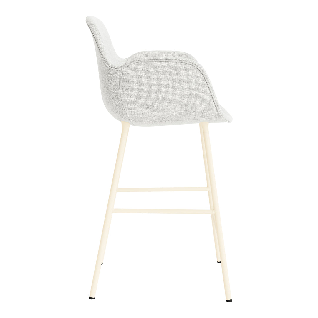 Stylish gray upholstered bar chair with light wood legs, featuring a sleek, modern design. Perfect for contemporary decor.