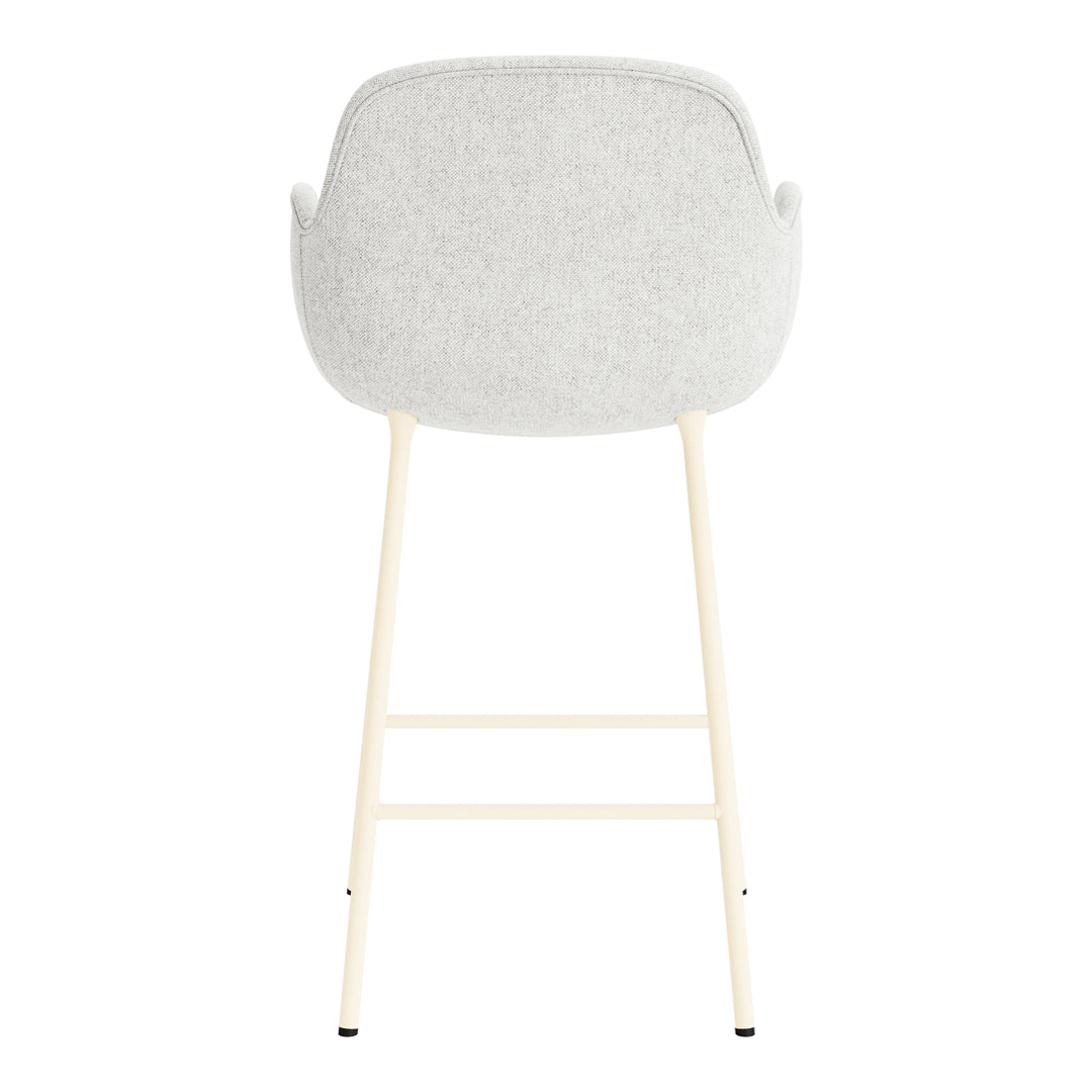 Gray upholstered backrest bar chair with light cream legs, showcasing a minimalist design and soft texture.