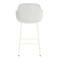 Gray upholstered backrest bar chair with light cream legs, showcasing a minimalist design and soft texture.