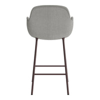 Gray upholstered stool with a sleek brown metal frame, showcasing a minimalist design and elegant curves.