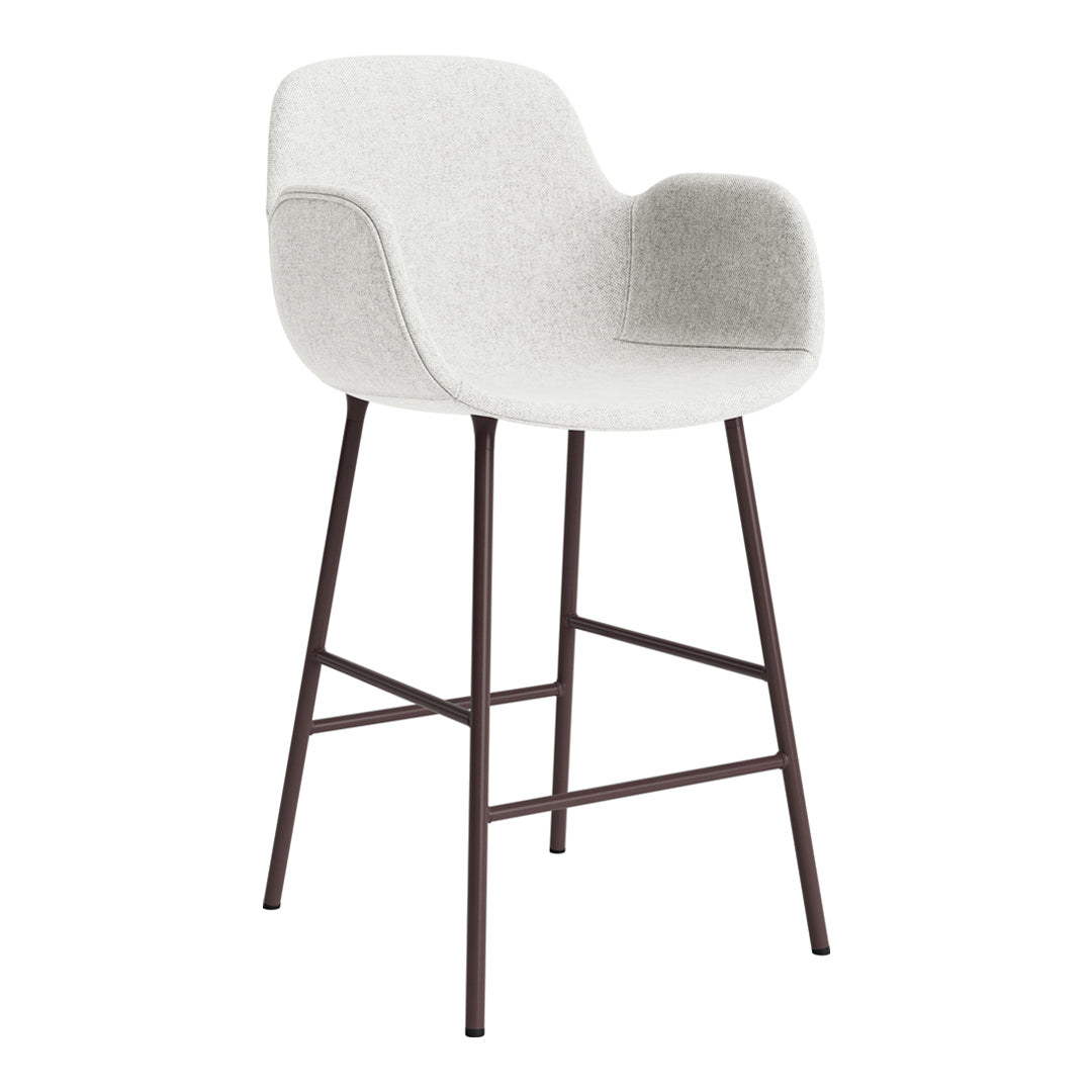 Light gray upholstered bar stool with a smooth finish and a dark metal frame. Minimalist design for modern spaces.