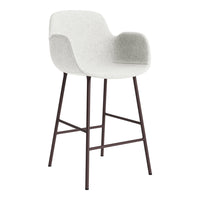 Light gray upholstered bar stool with a smooth finish and a dark metal frame. Minimalist design for modern spaces.