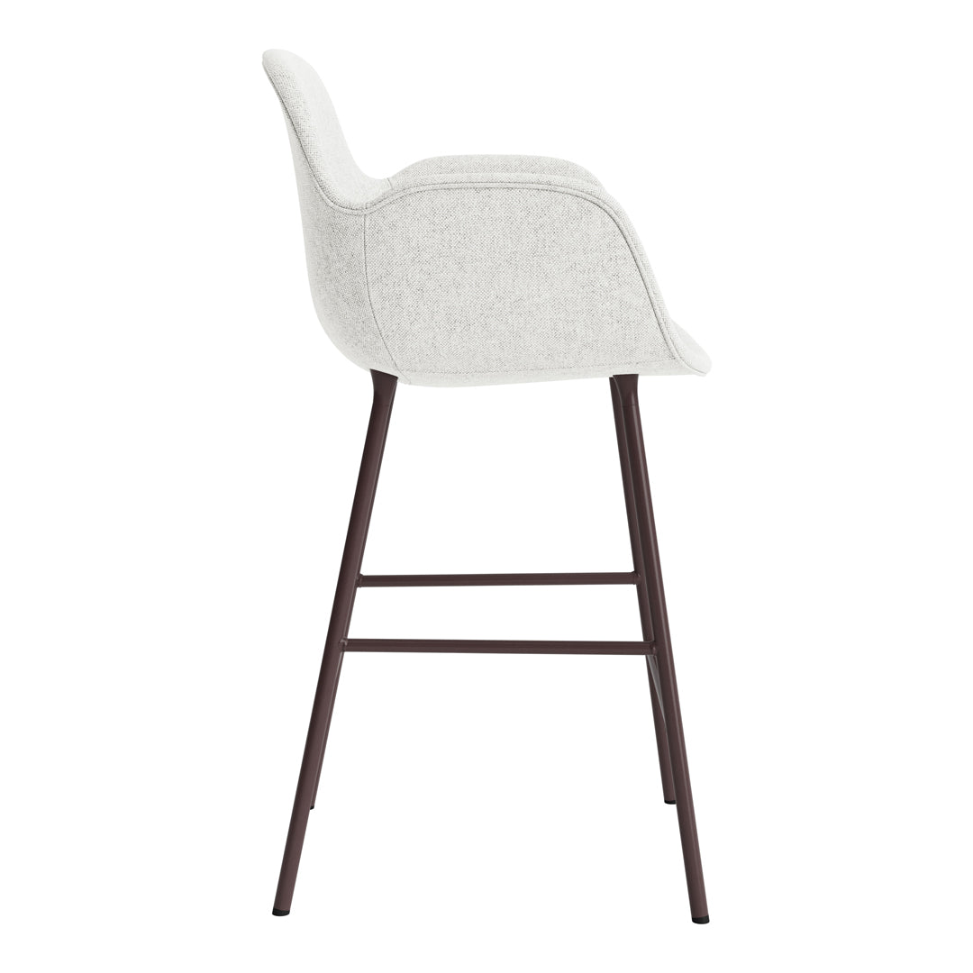 Stylish beige upholstered bar chair with curved backrest and dark wood legs, featuring a sleek and modern design.