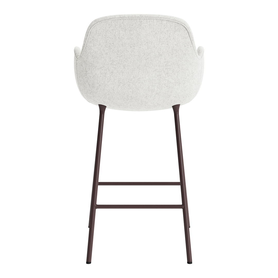 Light gray upholstered bar stool with sleek brown metal legs and a minimalist design. Ideal for modern decor.