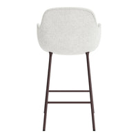 Light gray upholstered bar stool with sleek brown metal legs and a minimalist design. Ideal for modern decor.