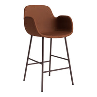 "Modern brown upholstered bar chair with a sleek metal frame and minimalist design."