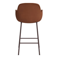 Back view of a brown upholstered bar stool with a sleek, minimalistic metal frame.