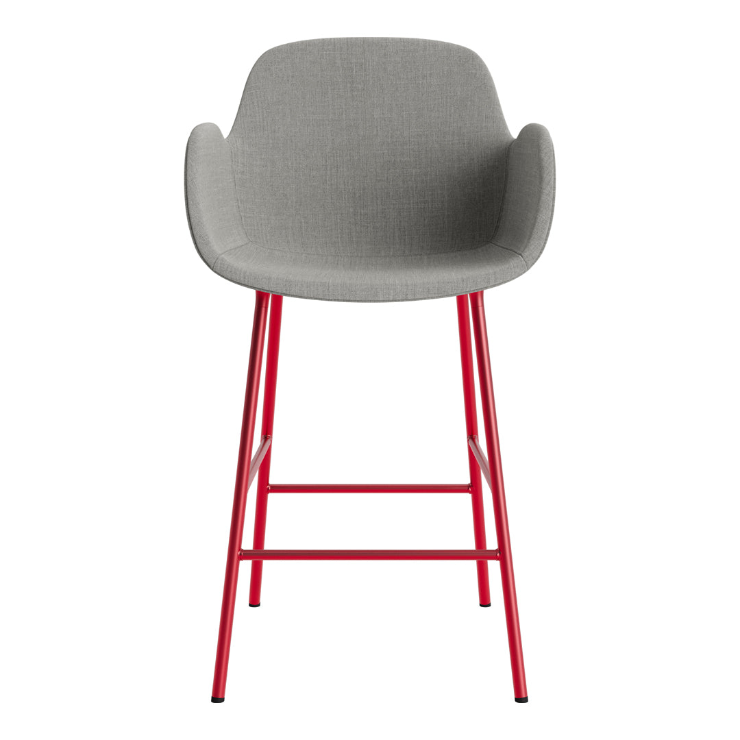 Gray upholstered chair with a modern design, featuring vibrant red metal legs. Perfect for contemporary spaces.