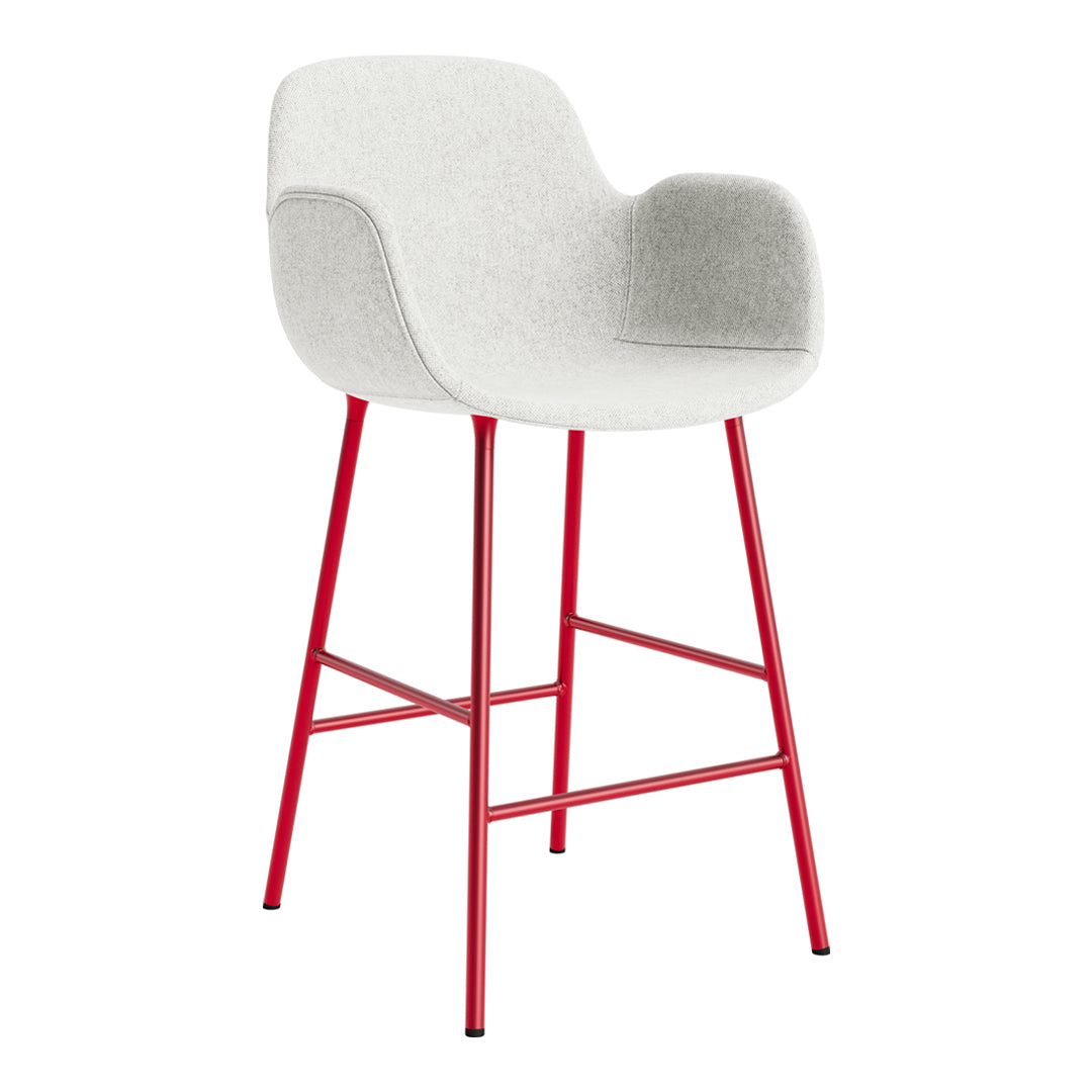 Light gray upholstered bar stool with a red metal frame and sleek, modern design. Perfect for contemporary decor.