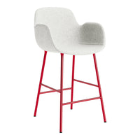Light gray upholstered bar stool with a red metal frame and sleek, modern design. Perfect for contemporary decor.