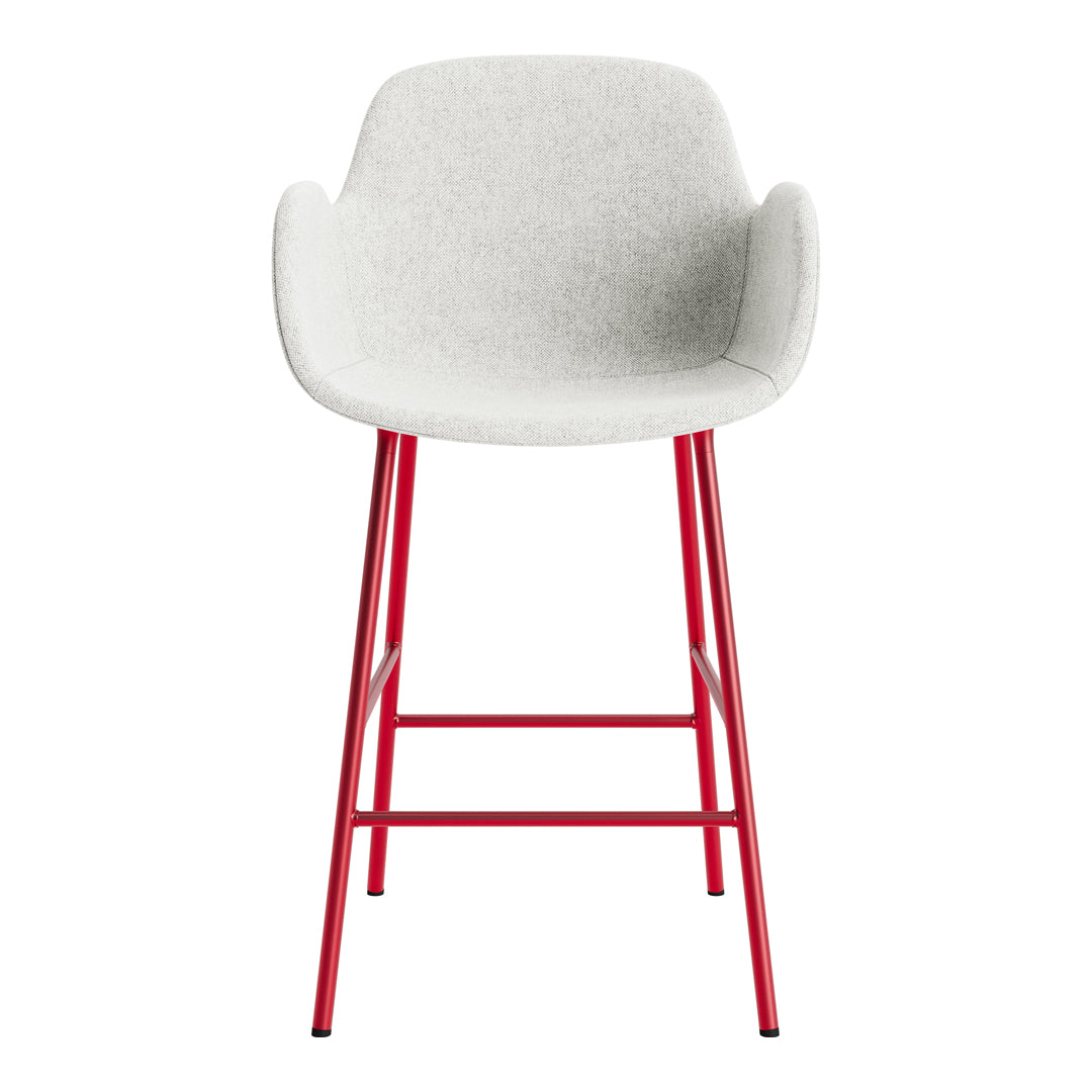 White upholstered bar stool with a sleek red metal frame, offering a modern and stylish look.