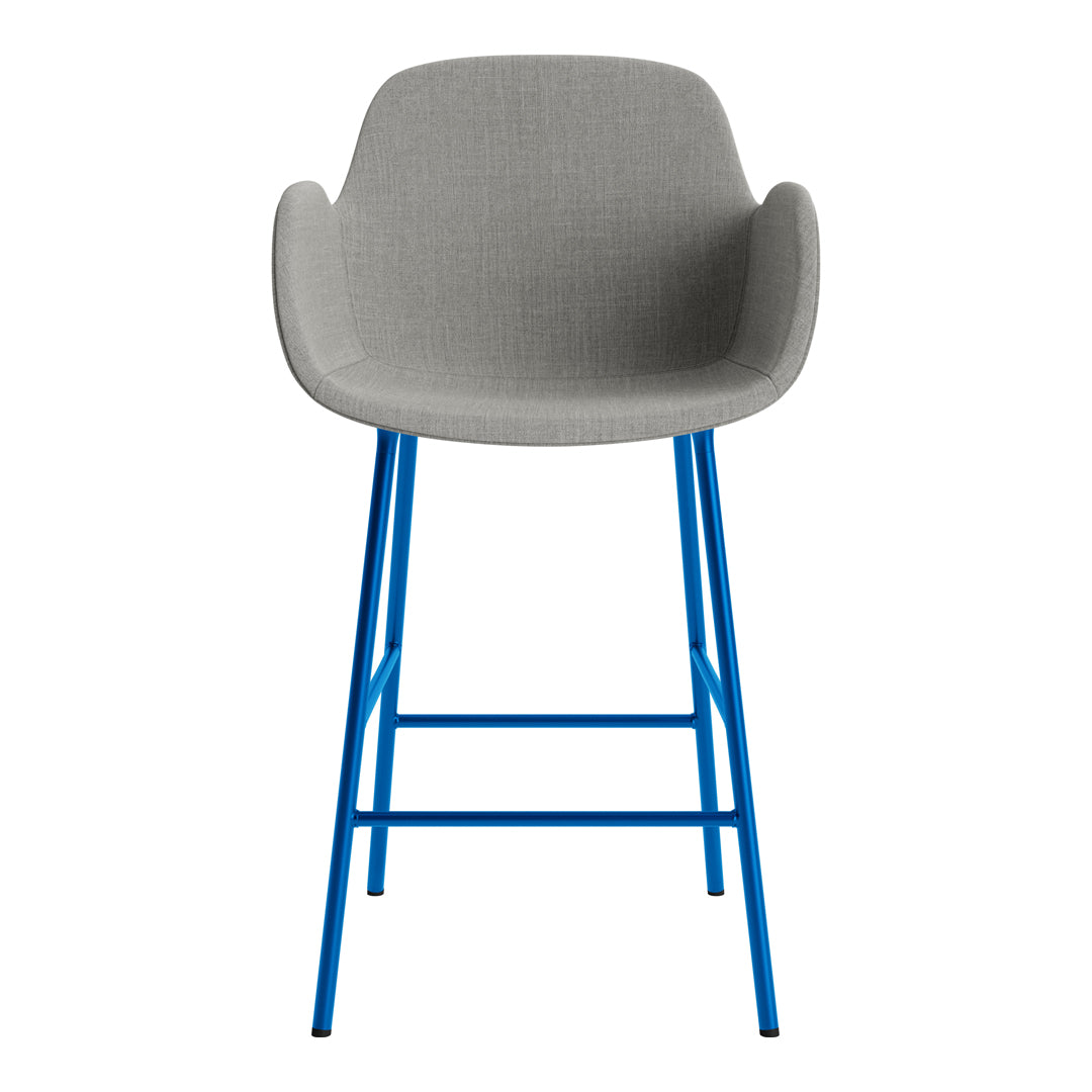 Gray upholstered bar stool with a vibrant blue metal frame, featuring a sleek modern design.