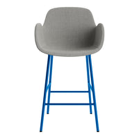 Gray upholstered bar stool with a vibrant blue metal frame, featuring a sleek modern design.