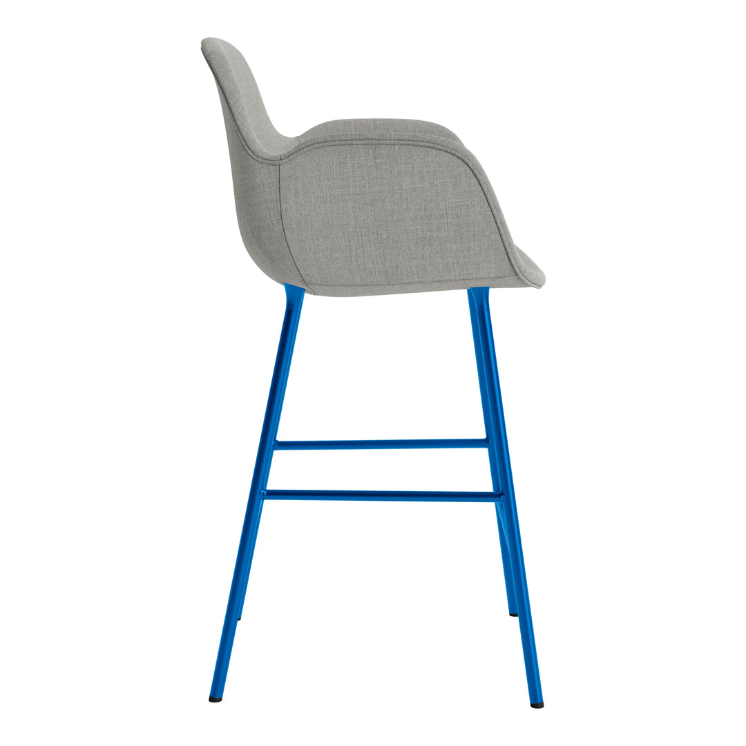Gray upholstered chair with a sleek design and vibrant blue metal legs. Modern style for any decor.