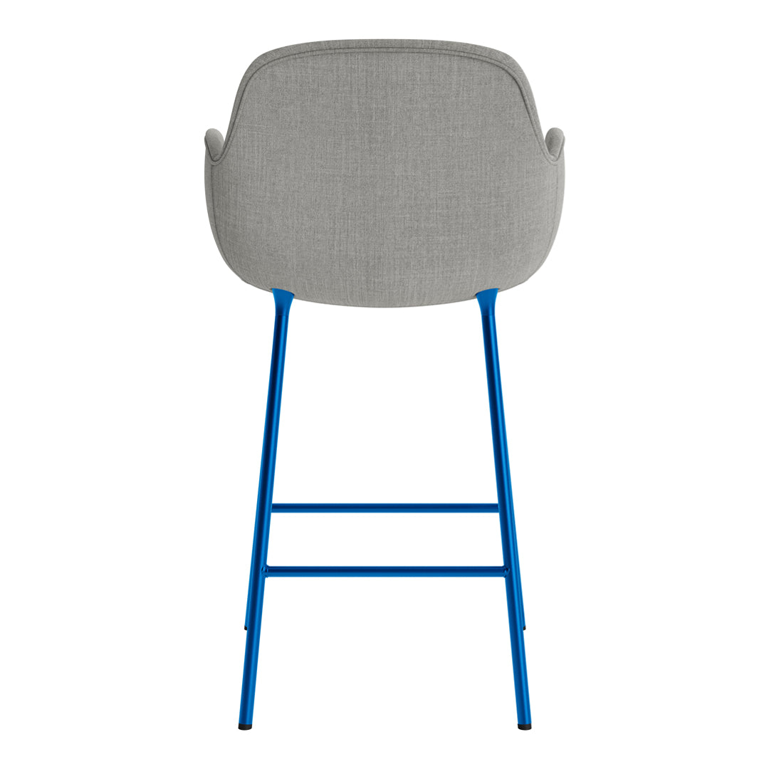 Gray upholstered chair with a vibrant blue metal frame, featuring a smooth and modern design.