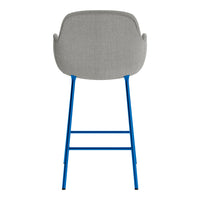 Gray upholstered chair with a vibrant blue metal frame, featuring a smooth and modern design.