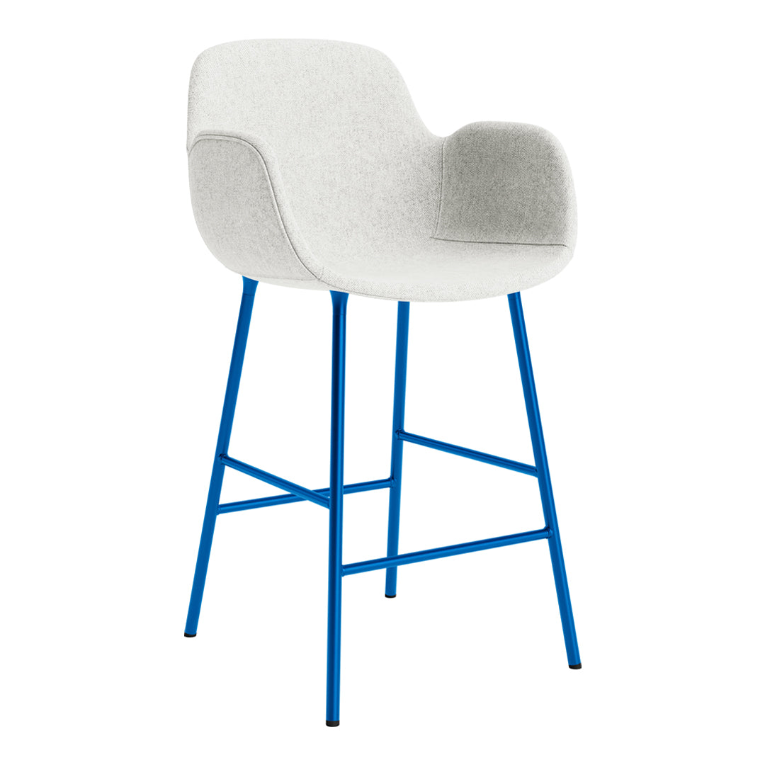 Modern bar chair with a soft white fabric seat and vibrant blue metal legs. Perfect blend of comfort and style.