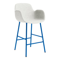 Modern bar chair with a soft white fabric seat and vibrant blue metal legs. Perfect blend of comfort and style.