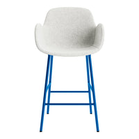 Light gray upholstered bar stool with vibrant blue metal legs. Modern design with smooth curves and minimalist style.