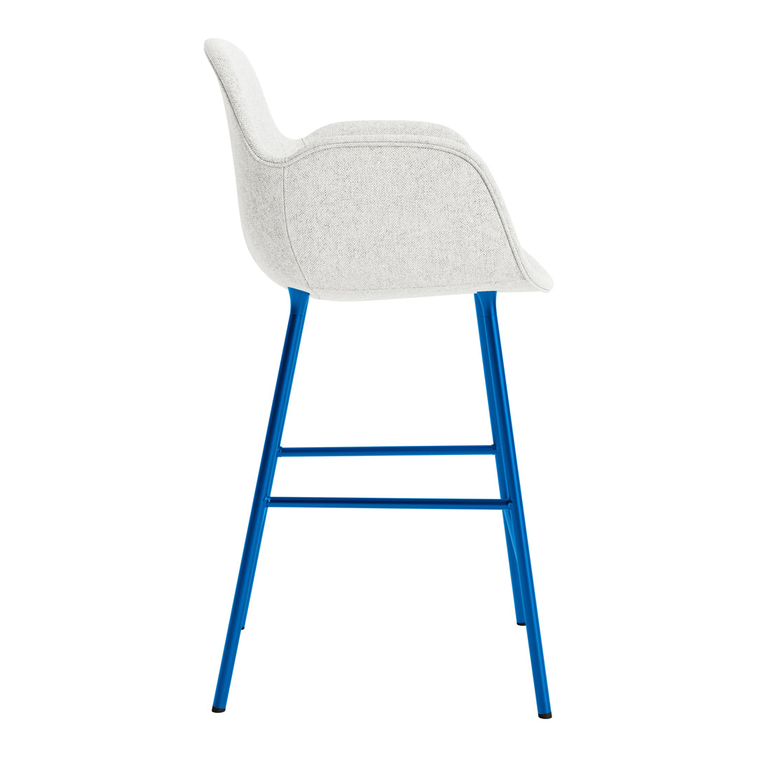 Gray upholstered chair with a sleek blue metal frame, featuring a modern and minimalist design.