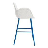 Gray upholstered chair with a sleek blue metal frame, featuring a modern and minimalist design.