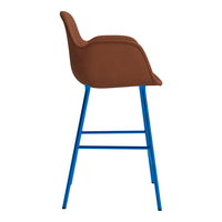 Brown upholstered bar stool with a vibrant blue metal frame, featuring a smooth, clean design. Ideal for modern decor.