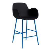 Black bar stool with a modern design and vibrant blue legs, featuring a sleek, smooth surface.
