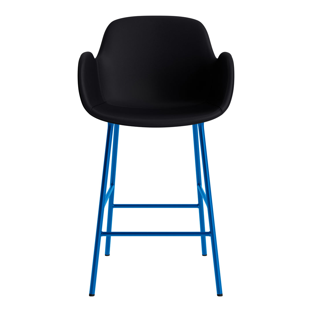 Stylish black bar stool with vibrant blue metal legs, featuring a sleek and modern design.