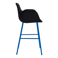 Black bar stool with a sleek design and vibrant blue legs, perfect for modern decor.