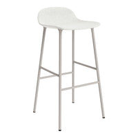 White bar stool with a textured seat and sleek silver legs, minimalist design ideal for modern decor.