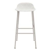 White bar stool with a textured seat and sleek, light gray metal legs. Minimalist design for modern interiors.