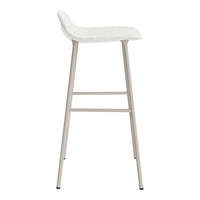 White upholstered bar stool with sleek metal legs, featuring a minimalist, modern design.