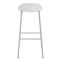 White upholstered bar stool with light gray metal legs, featuring a smooth, minimalistic design. Perfect for modern spaces.