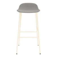 Gray upholstered bar stool on cream metal legs, featuring a minimalist design with clean lines.