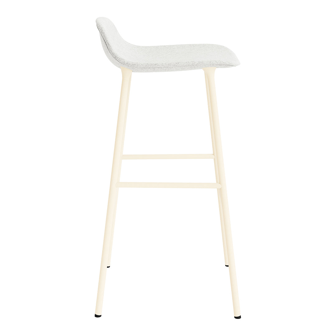 Light gray upholstered bar stool with a minimalist design and creamy white wooden legs. Ideal for contemporary decor.