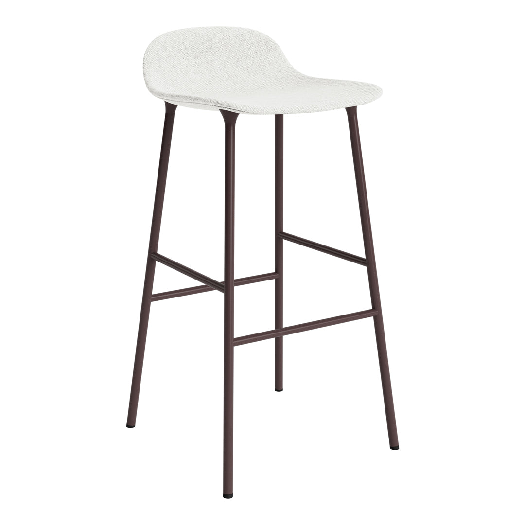 White upholstered bar stool with brown metal legs in a sleek, modern design. Perfect for contemporary interiors.