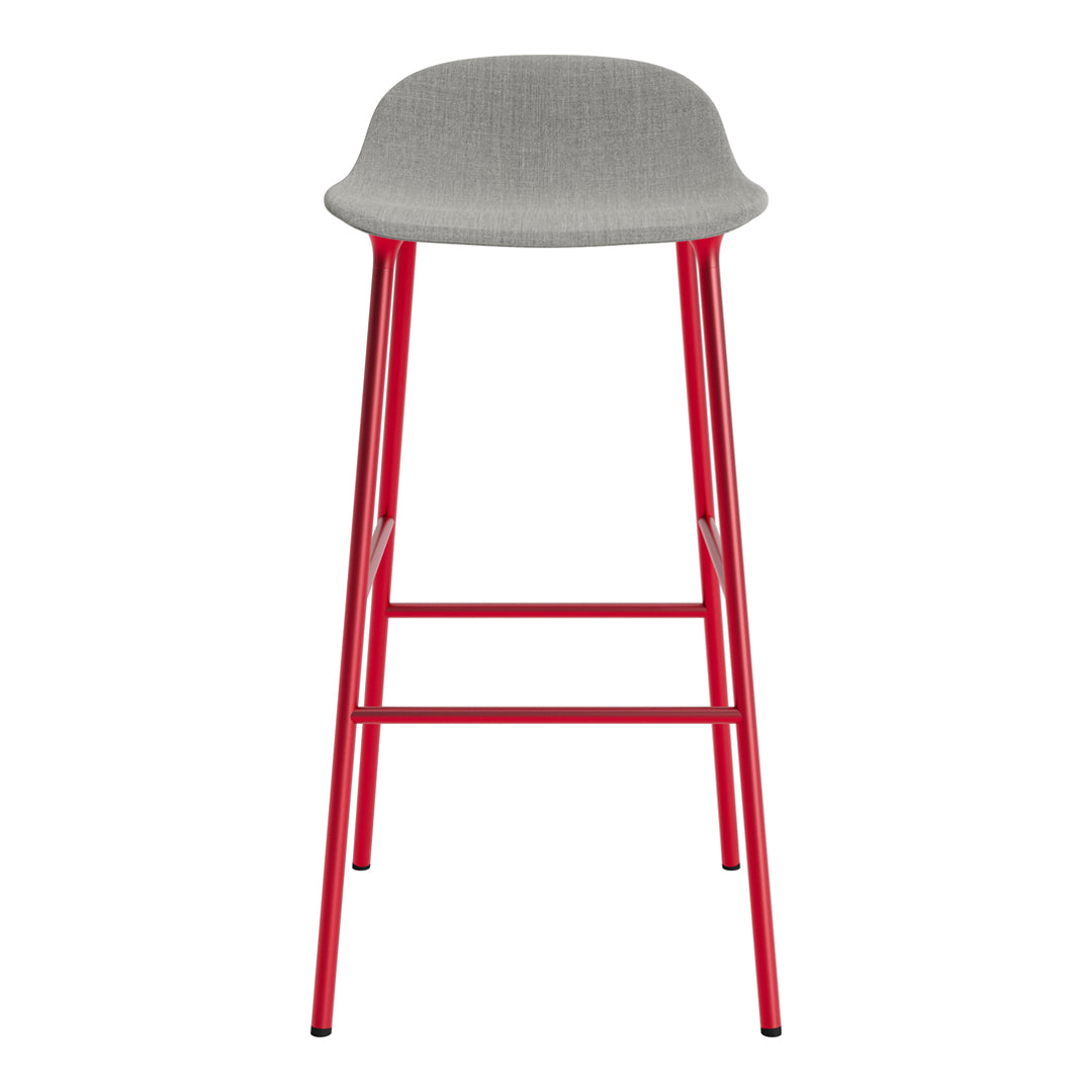 Gray upholstered seat with vibrant red metal legs, sleek modern design, perfect for stylish bar areas.