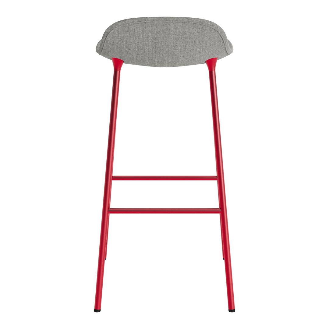 Red bar stool with a gray upholstered seat, featuring a sleek, modern design. Perfect for stylish seating.