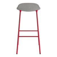 Red bar stool with a gray upholstered seat, featuring a sleek, modern design. Perfect for stylish seating.