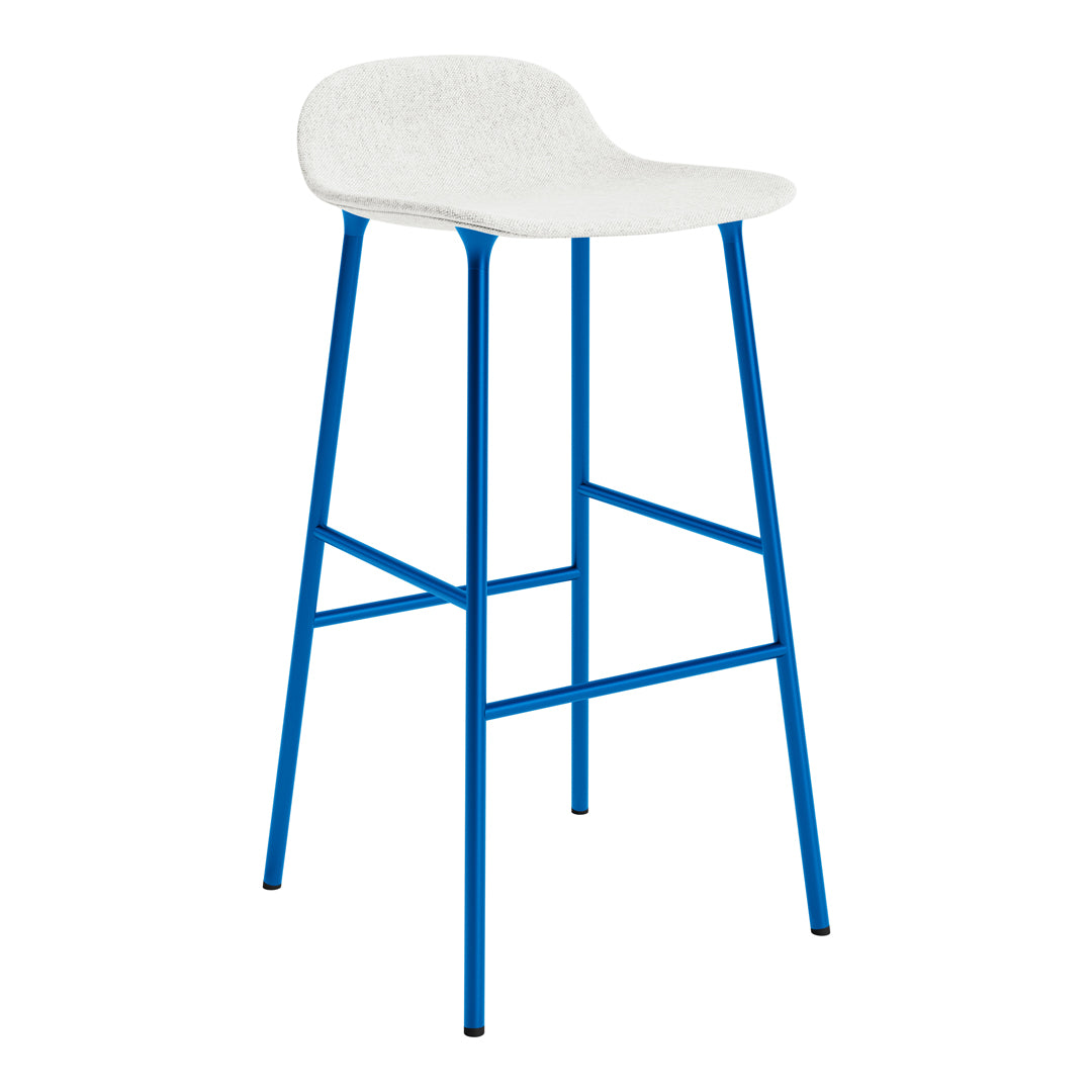 White bar stool with a smooth, curved seat and vibrant blue metal legs, perfect for modern decor.