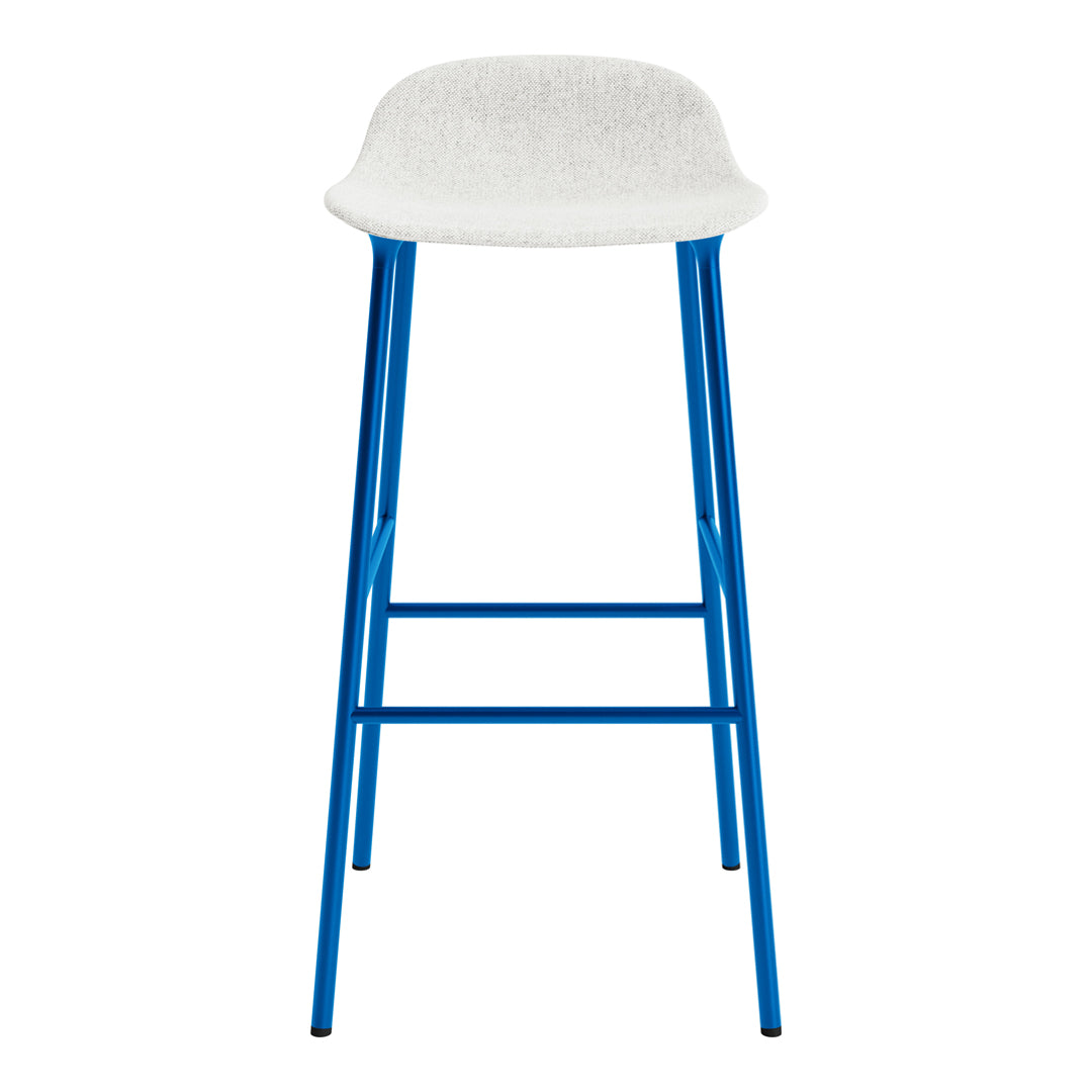 White upholstered bar stool with a vibrant blue metal frame. Stylish and modern design ideal for any décor.