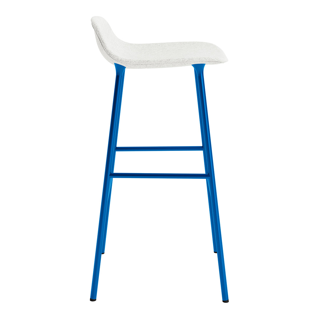 White upholstered bar stool with vibrant blue metal legs, featuring a sleek, minimalist design.