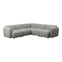 Soft gray sectional sofa with a modern, minimalist design and smooth, rounded cushions.