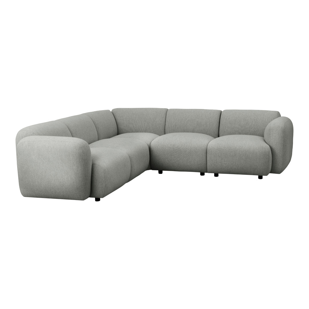 Gray sectional sofa with a smooth fabric texture and modern, minimalist design. Ideal for contemporary living spaces.