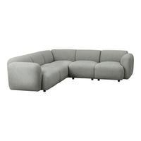 Gray sectional sofa with a smooth fabric texture and modern, minimalist design. Ideal for contemporary living spaces.