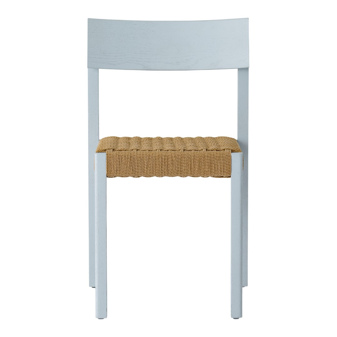 Light blue chair with a woven natural brown seat, featuring a minimalist design and clean lines.