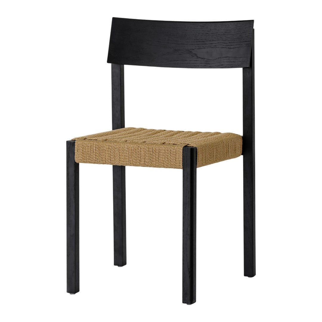 Black wooden chair with a woven natural tan seat, showcasing a minimalist design and contrasting colors.