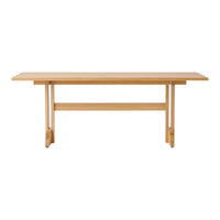 Light wood dining table with a smooth finish, featuring a minimalistic design and natural grain patterns.